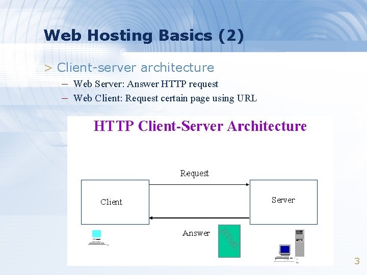 Web Hosting Basics (2) > Client-server architecture – Web Server: Answer HTTP request –