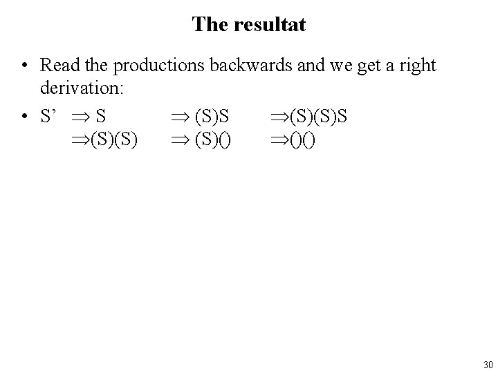 The resultat • Read the productions backwards and we get a right derivation: •