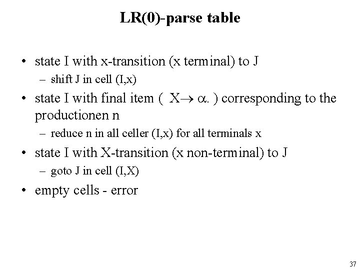 LR(0)-parse table • state I with x-transition (x terminal) to J – shift J