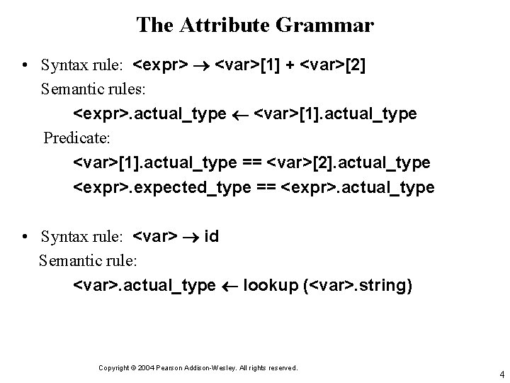 The Attribute Grammar • Syntax rule: <expr> <var>[1] + <var>[2] Semantic rules: <expr>. actual_type