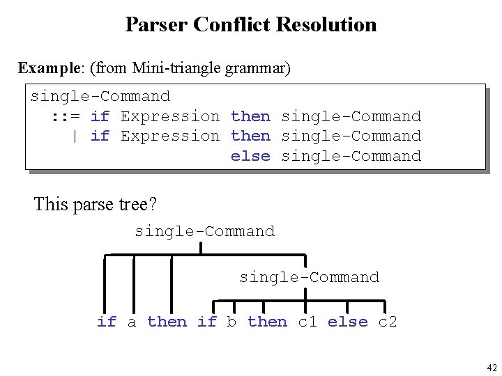 Parser Conflict Resolution Example: (from Mini-triangle grammar) single-Command : : = if Expression then