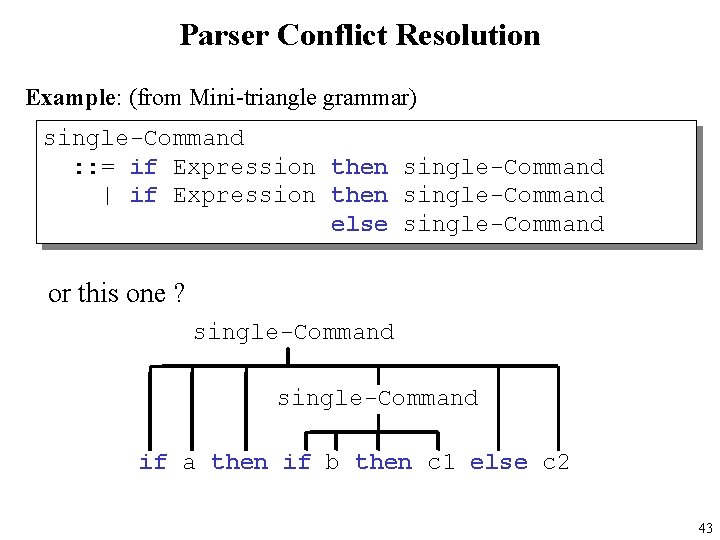 Parser Conflict Resolution Example: (from Mini-triangle grammar) single-Command : : = if Expression then