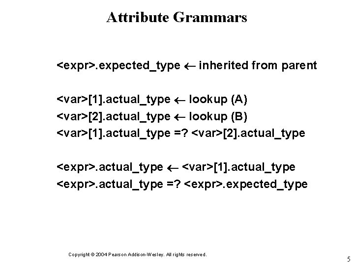 Attribute Grammars <expr>. expected_type inherited from parent <var>[1]. actual_type lookup (A) <var>[2]. actual_type lookup