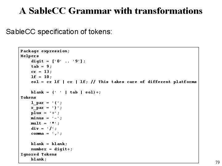 A Sable. CC Grammar with transformations Sable. CC specification of tokens: Package expression; Helpers