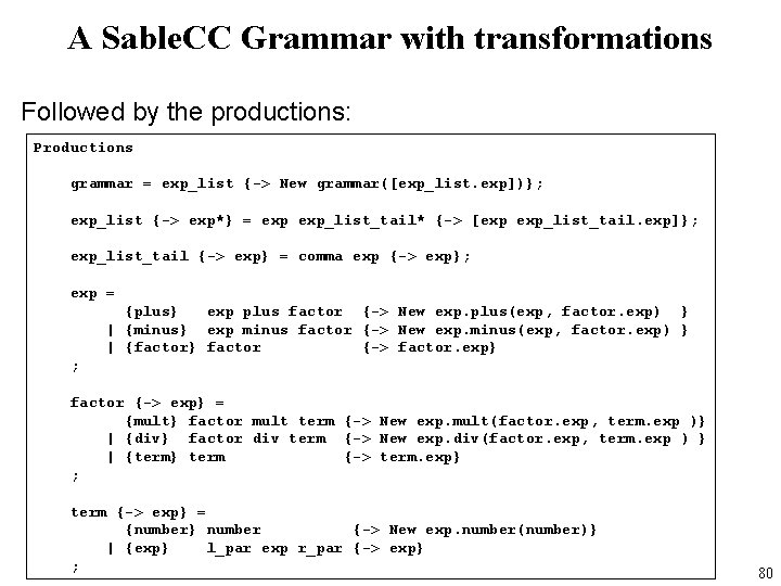 A Sable. CC Grammar with transformations Followed by the productions: Productions grammar = exp_list