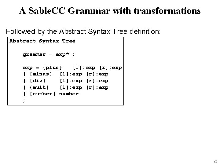 A Sable. CC Grammar with transformations Followed by the Abstract Syntax Tree definition: Abstract