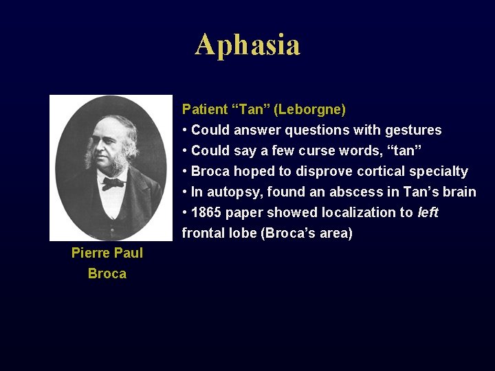 Aphasia Patient “Tan” (Leborgne) • Could answer questions with gestures • Could say a