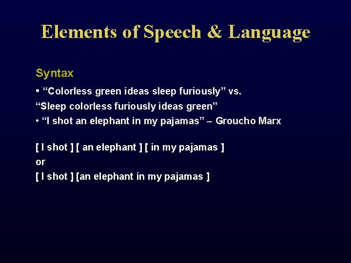 Elements of Speech & Language Syntax • “Colorless green ideas sleep furiously” vs. “Sleep