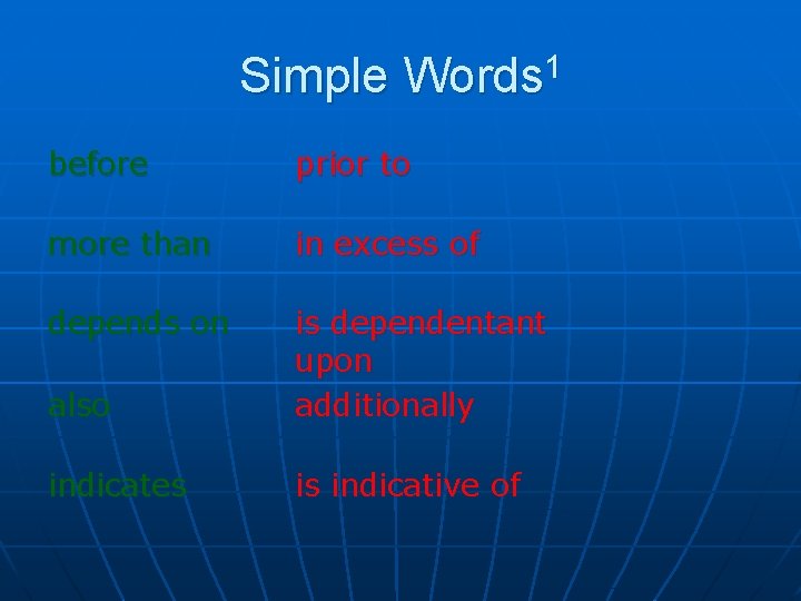 Simple Words 1 before prior to more than in excess of depends on also