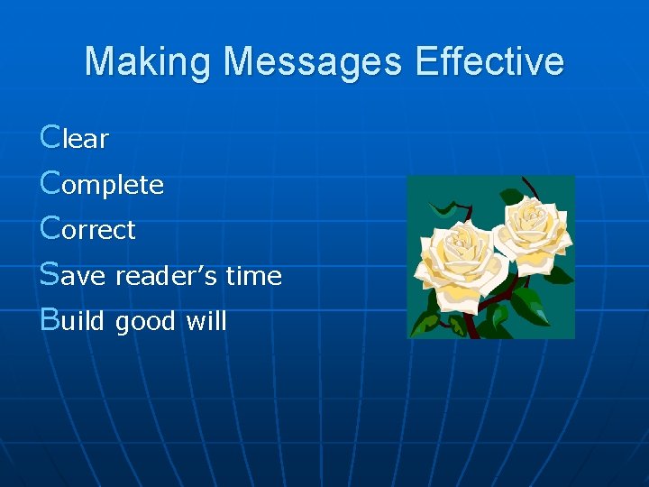 Making Messages Effective Clear Complete Correct Save reader’s time Build good will 