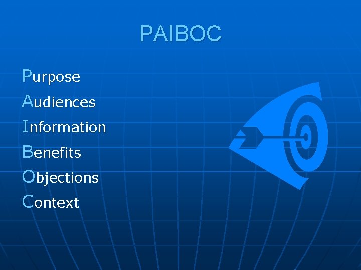 PAIBOC Purpose Audiences Information Benefits Objections Context 