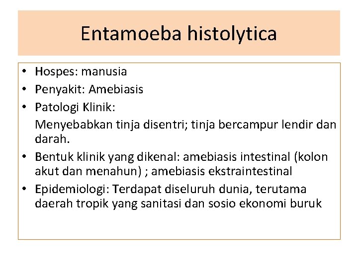 Entamoeba histolytica • Hospes: manusia • Penyakit: Amebiasis • Patologi Klinik: Menyebabkan tinja disentri;