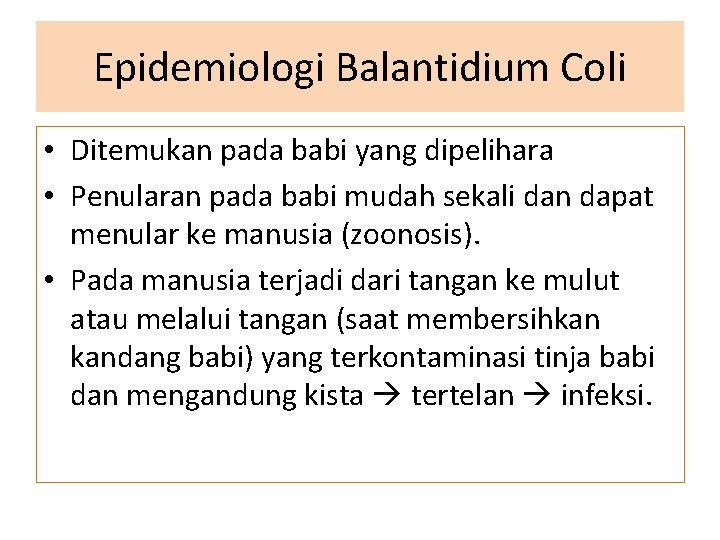 Epidemiologi Balantidium Coli • Ditemukan pada babi yang dipelihara • Penularan pada babi mudah