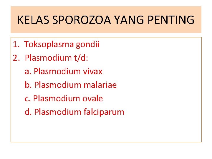 KELAS SPOROZOA YANG PENTING 1. Toksoplasma gondii 2. Plasmodium t/d: a. Plasmodium vivax b.