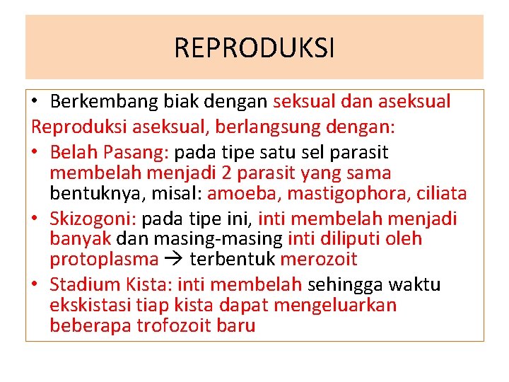 REPRODUKSI • Berkembang biak dengan seksual dan aseksual Reproduksi aseksual, berlangsung dengan: • Belah