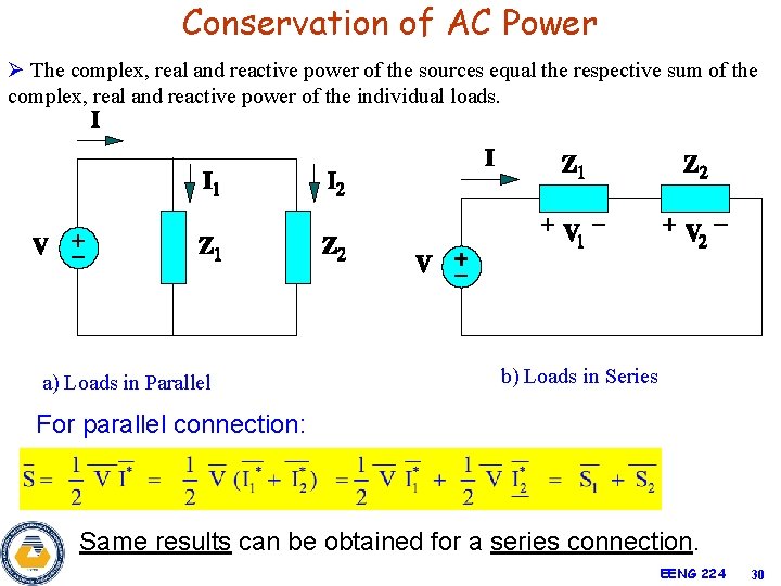 Conservation of AC Power Ø The complex, real and reactive power of the sources