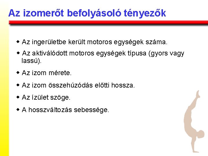 Az izomerőt befolyásoló tényezők w Az ingerületbe került motoros egységek száma. w Az aktiválódott