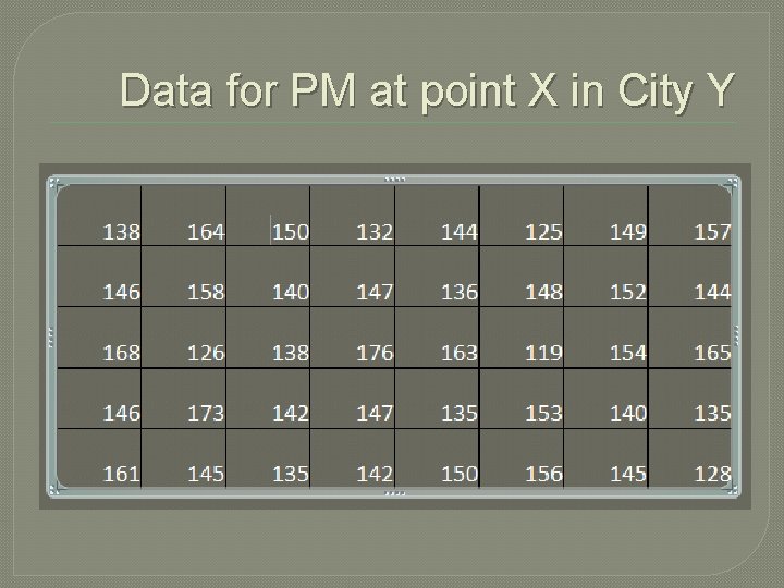 Data for PM at point X in City Y 
