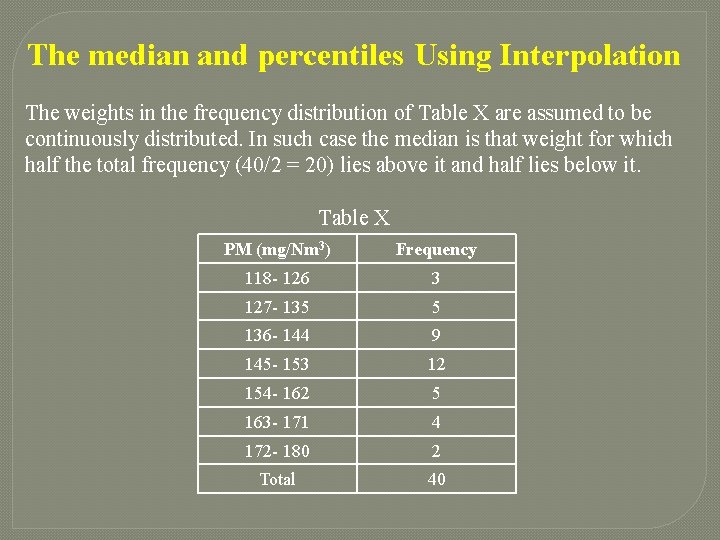 The median and percentiles Using Interpolation The weights in the frequency distribution of Table