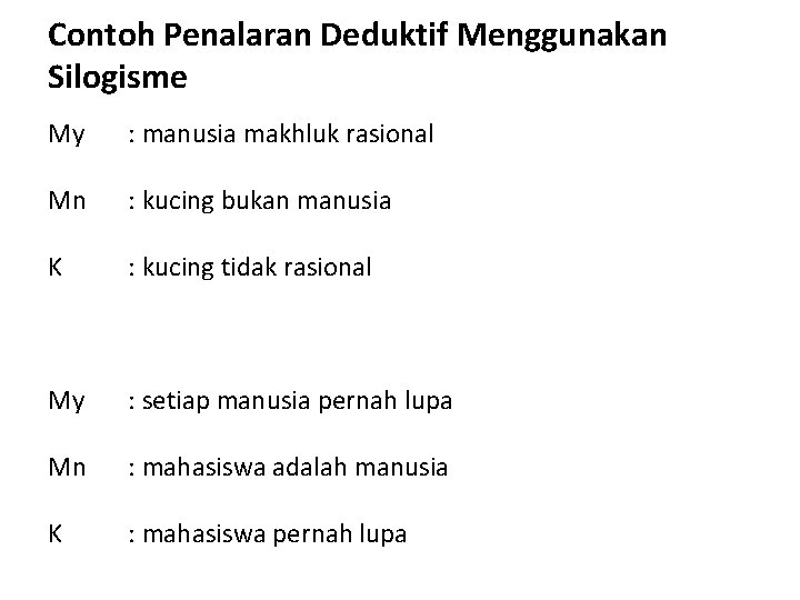 Contoh Penalaran Deduktif Menggunakan Silogisme My : manusia makhluk rasional Mn : kucing bukan