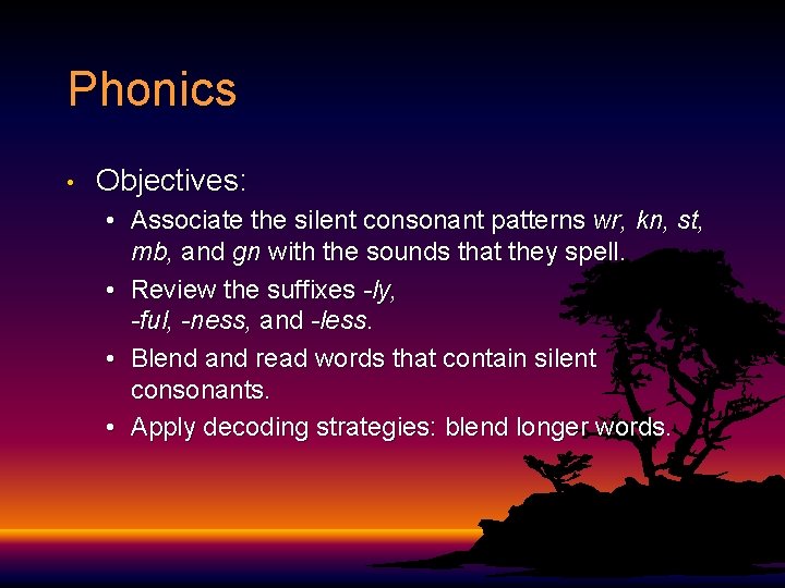 Phonics • Objectives: • Associate the silent consonant patterns wr, kn, st, mb, and