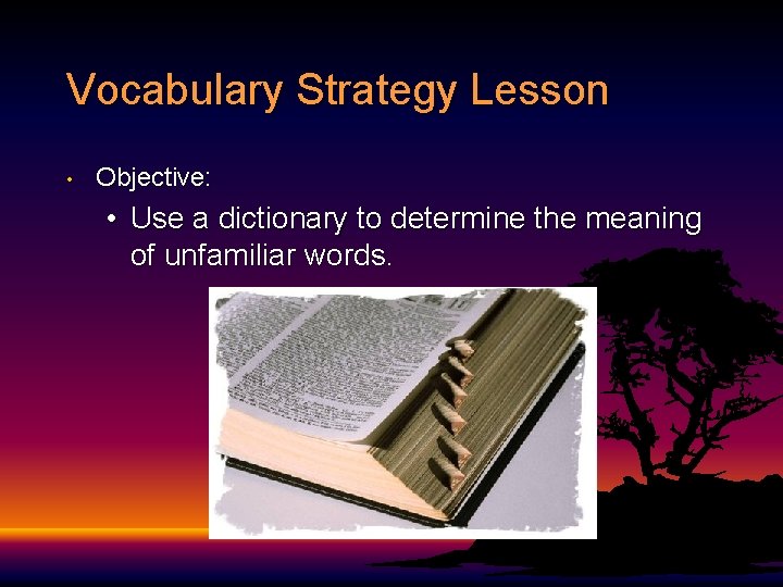Vocabulary Strategy Lesson • Objective: • Use a dictionary to determine the meaning of