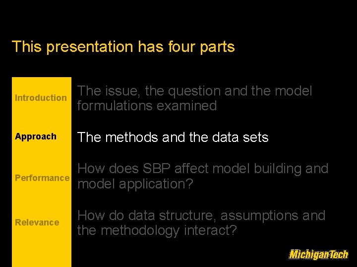 This presentation has four parts Introduction The issue, the question and the model formulations