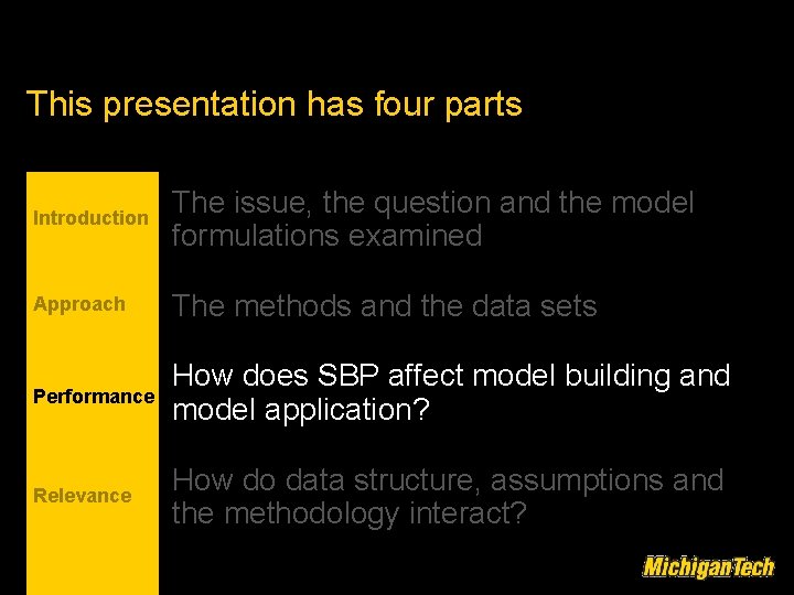 This presentation has four parts Introduction The issue, the question and the model formulations