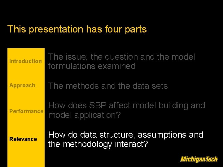 This presentation has four parts Introduction The issue, the question and the model formulations