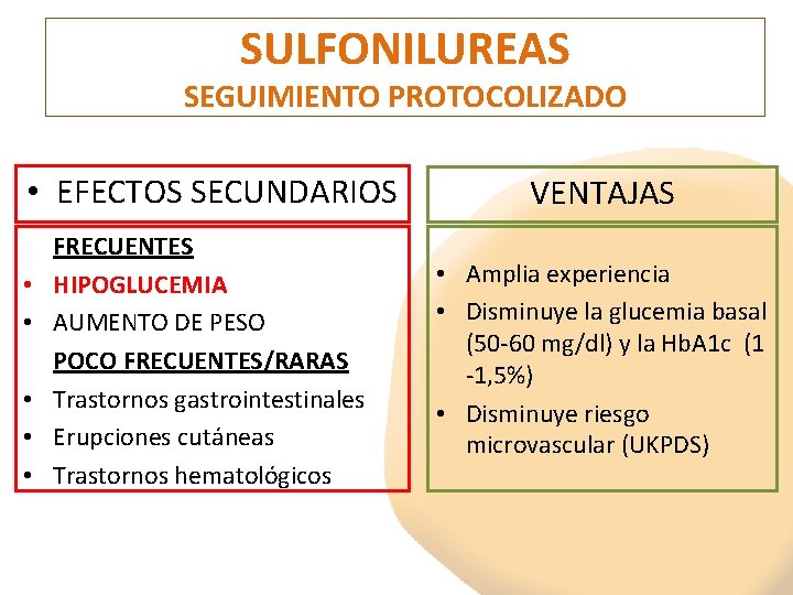 SULFONILUREAS SEGUIMIENTO PROTOCOLIZADO • EFECTOS SECUNDARIOS VENTAJAS FRECUENTES HIPOGLUCEMIA AUMENTO DE PESO POCO FRECUENTES/RARAS