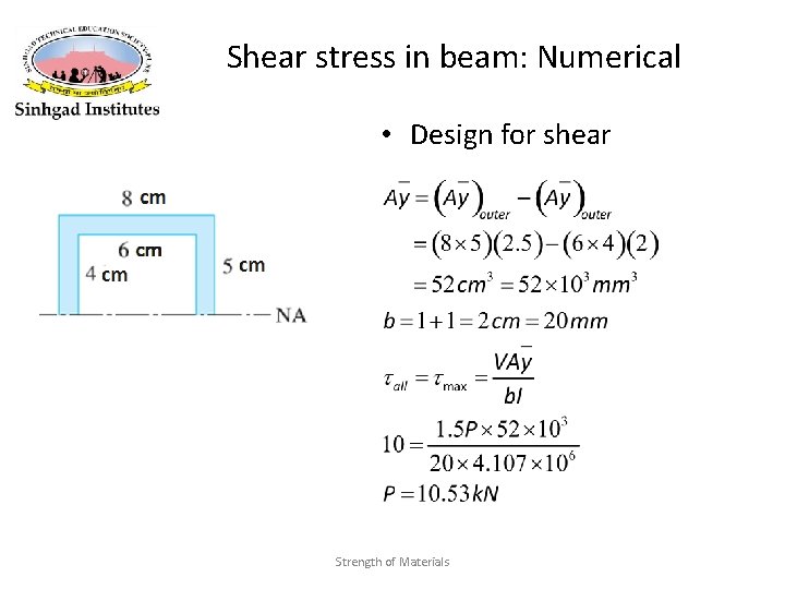 Shear stress in beam: Numerical • Design for shear Strength of Materials 