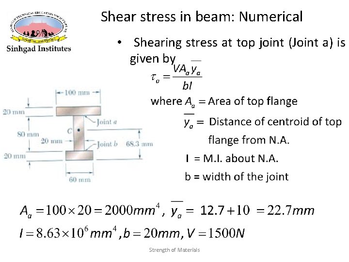 Shear stress in beam: Numerical • Shearing stress at top joint (Joint a) is