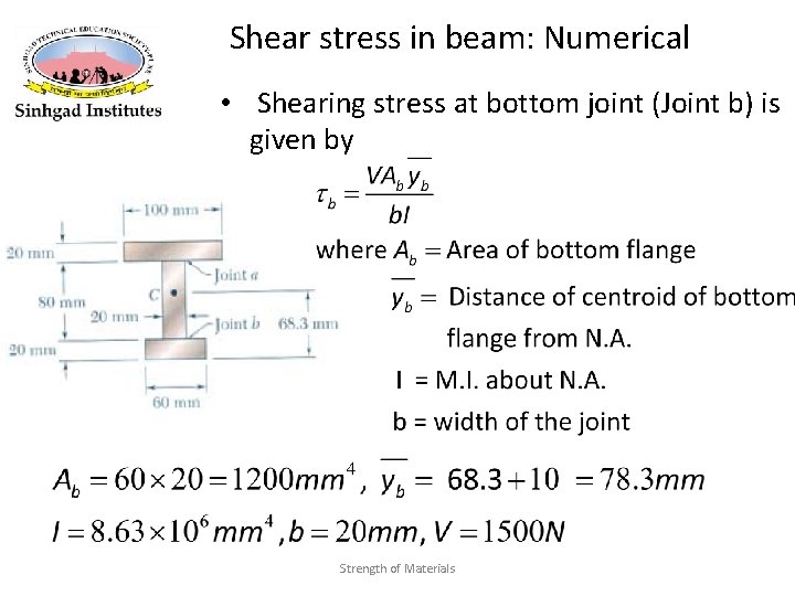 Shear stress in beam: Numerical • Shearing stress at bottom joint (Joint b) is