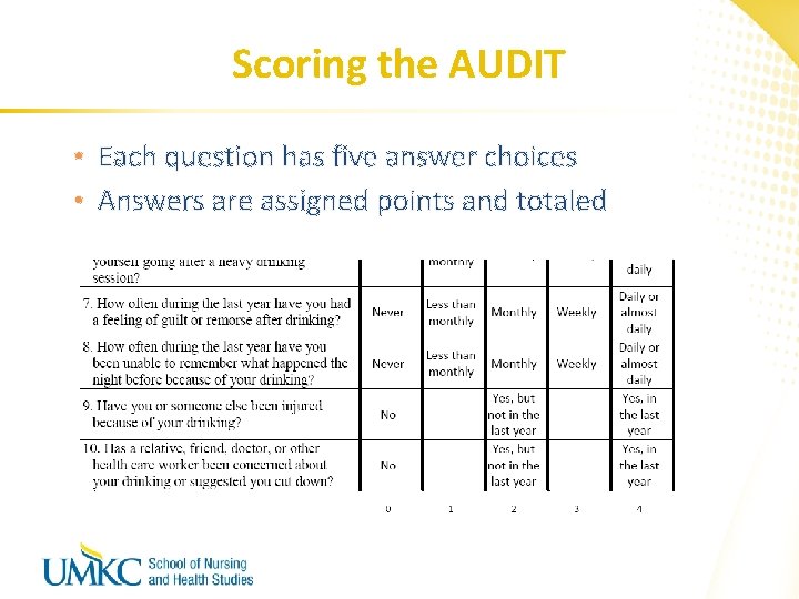Scoring the AUDIT • Each question has five answer choices • Answers are assigned