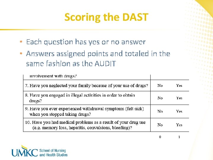 Scoring the DAST • Each question has yes or no answer • Answers assigned