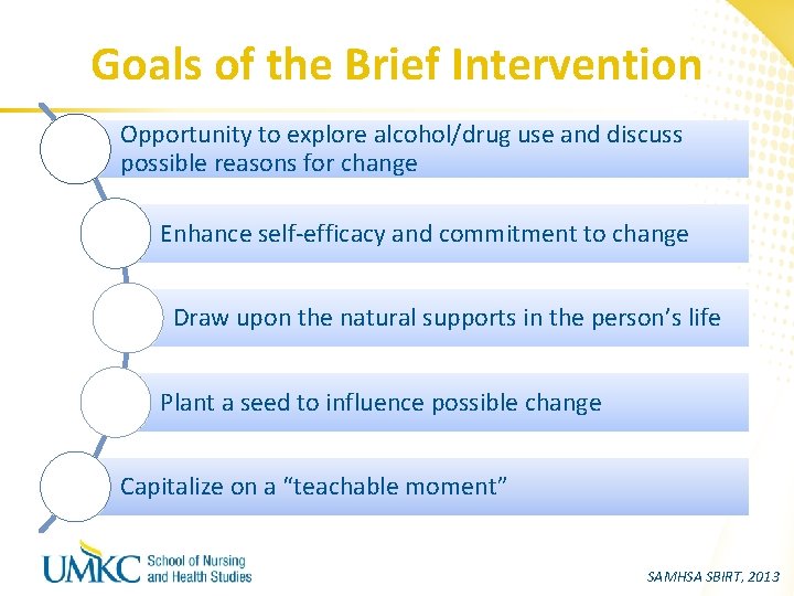 Goals of the Brief Intervention Opportunity to explore alcohol/drug use and discuss possible reasons