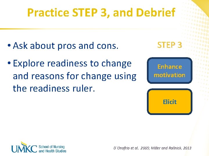 Practice STEP 3, and Debrief • Ask about pros and cons. • Explore readiness