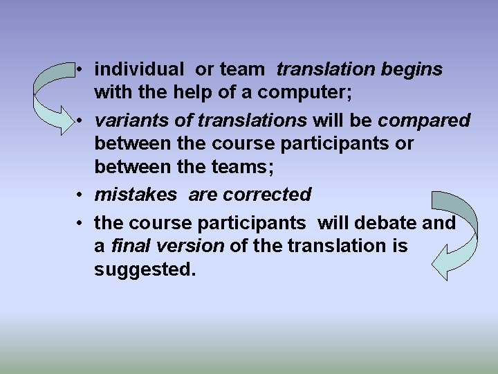  • individual or team translation begins with the help of a computer; •