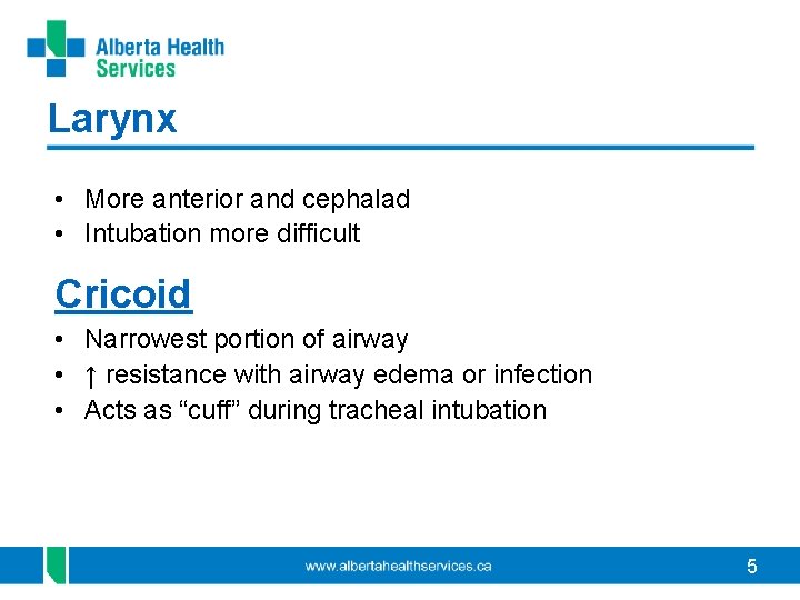 Larynx • More anterior and cephalad • Intubation more difficult Cricoid • Narrowest portion