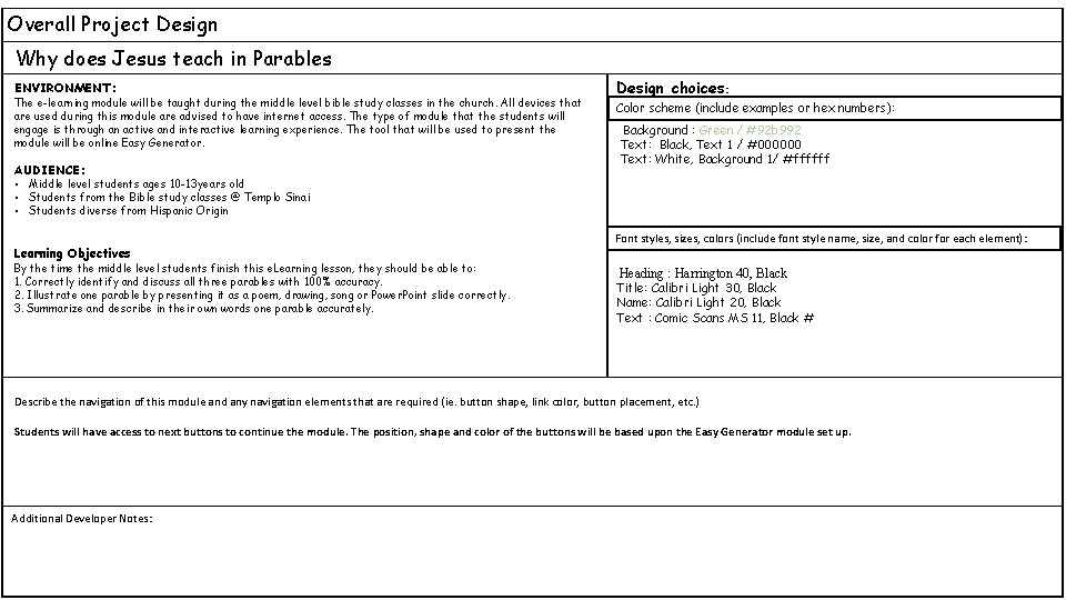Overall Project Design Why does Jesus teach in Parables ENVIRONMENT: The e-learning module will