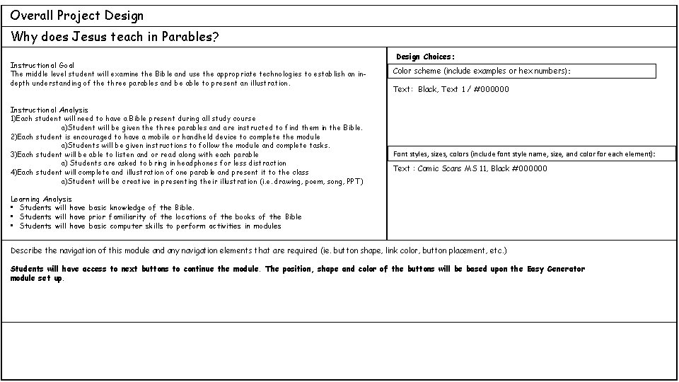 Overall Project Design Why does Jesus teach in Parables? Instructional Goal The middle level