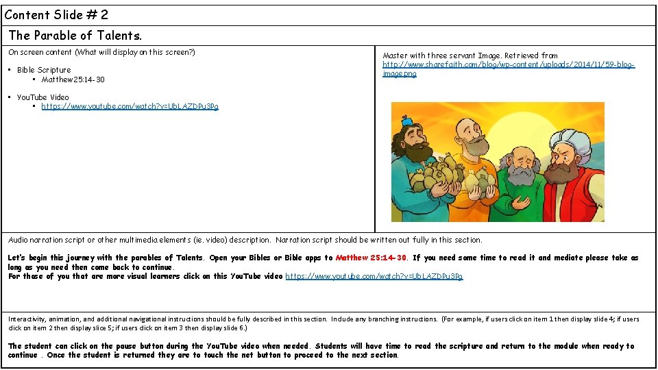 Content Slide # 2 The Parable of Talents. On screen content (What will display