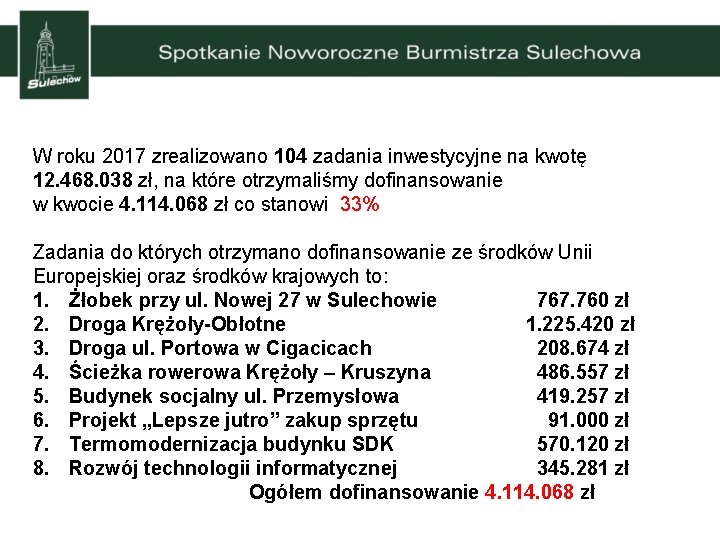 W roku 2017 zrealizowano 104 zadania inwestycyjne na kwotę 12. 468. 038 zł, na