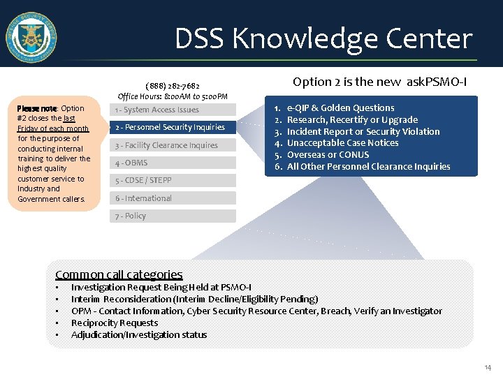 DSS Knowledge Center Option 2 is the new ask. PSMO-I (888) 282 -7682 Office