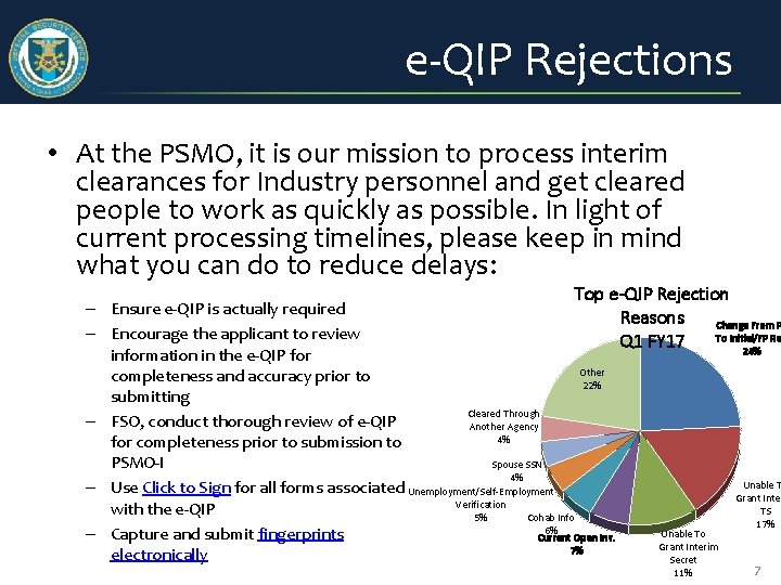 e-QIP Rejections • At the PSMO, it is our mission to process interim clearances e-QIP Rejections • At the PSMO, it is our mission to process interim clearances