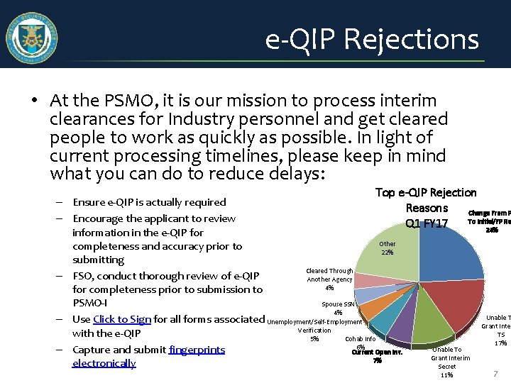 e-QIP Rejections • At the PSMO, it is our mission to process interim clearances