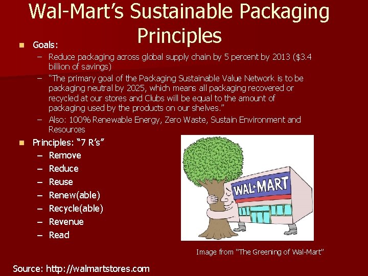 n Wal-Mart’s Sustainable Packaging Principles Goals: – Reduce packaging across global supply chain by