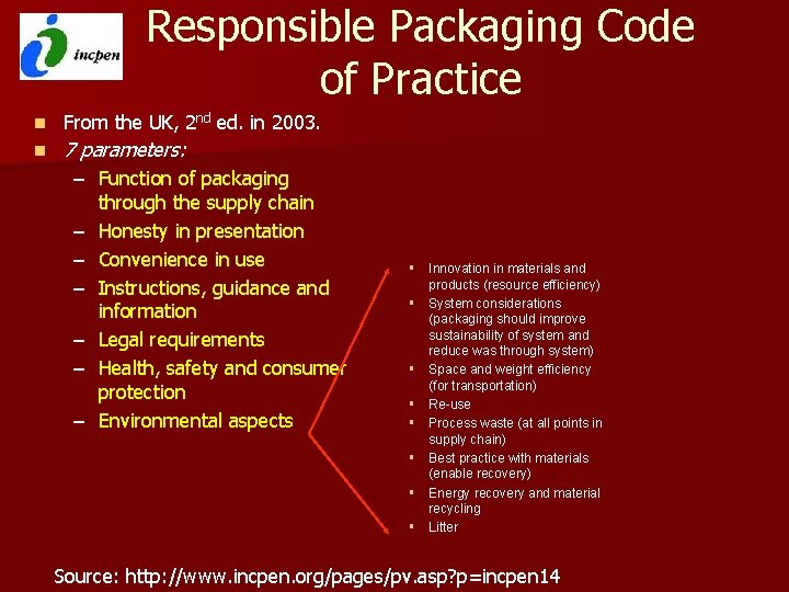 Responsible Packaging Code of Practice n From the UK, 2 nd ed. in 2003.