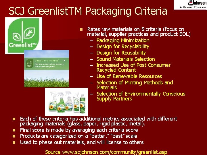 SCJ Greenlist. TM Packaging Criteria n Rates raw materials on 8 criteria (focus on