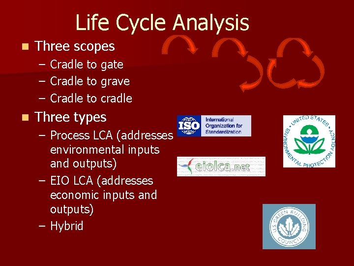 Life Cycle Analysis n Three scopes – – – n Cradle to gate Cradle